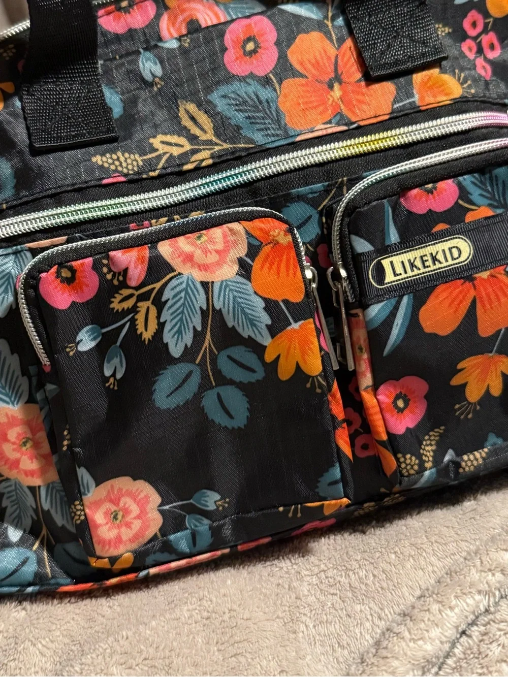 Floral Black Baby Bag with Pink and Orange Blooms